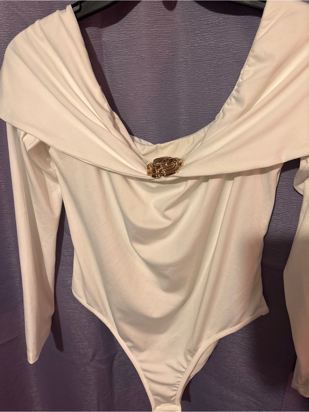SHEIN Cream Off-Shoulder Draped Bodysuit with Gold Accent
